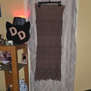 Kate & Mallory Elegant Crochet Brown Maxi Skirt With Lining